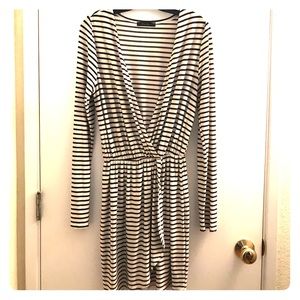 Cream & black striped deep V dress