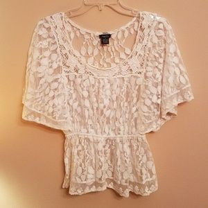 Rue 21 White Lace Sheer Bat Winged Shirt Large