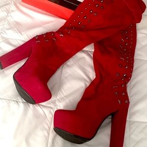 Red Vegan Suede Over The Knee Platform Boots NIB