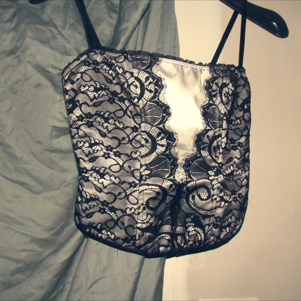 INC petite Black lace over white corset top