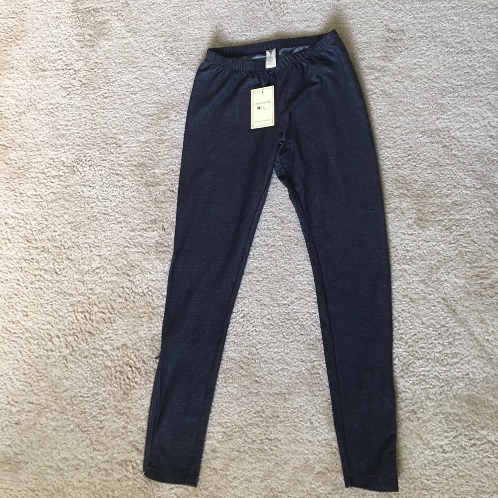 Pink Rose Denim Look Leggings | Ankle Zippers | Elastic Waist | Size M
