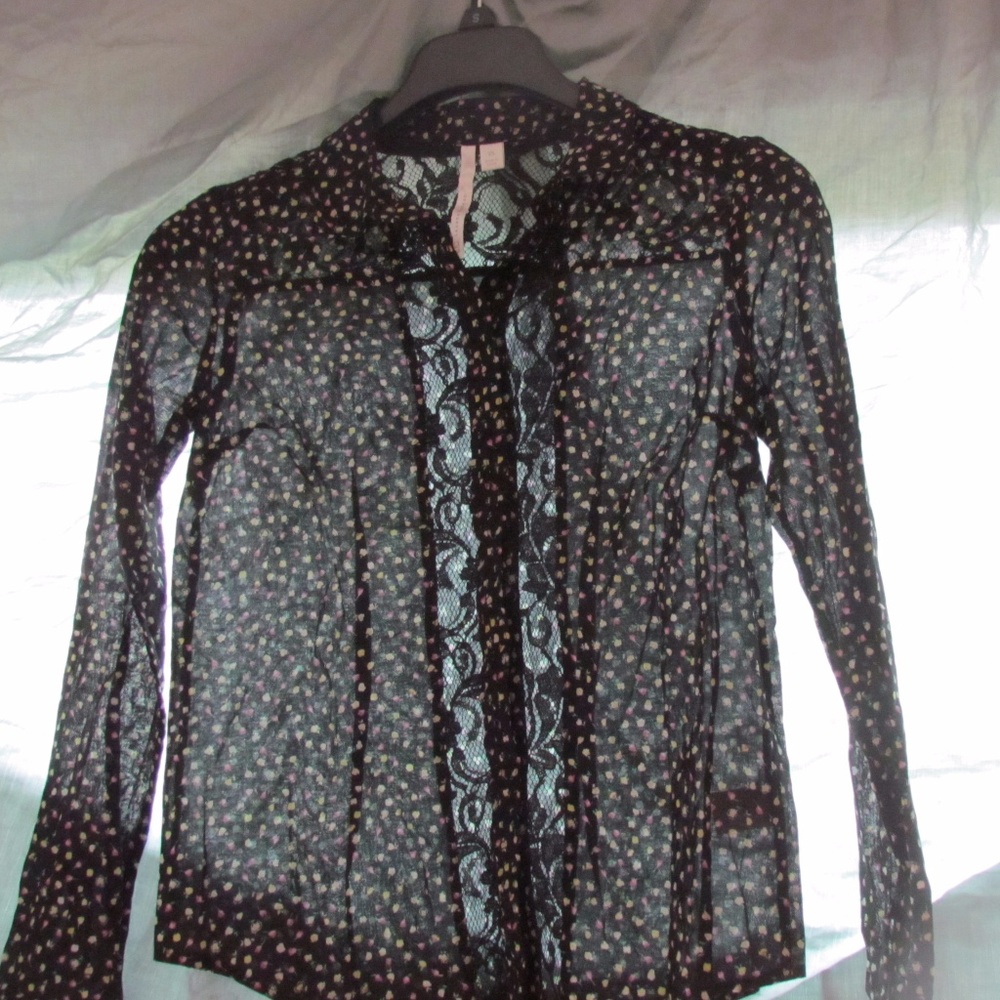 Sheer floral print button down with lace