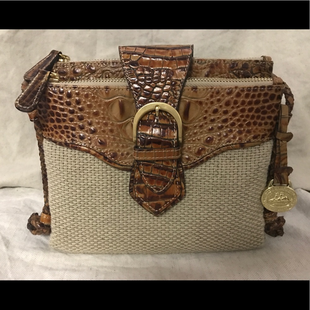Brahmin Leather/Straw Crossbody Organizer Bag.