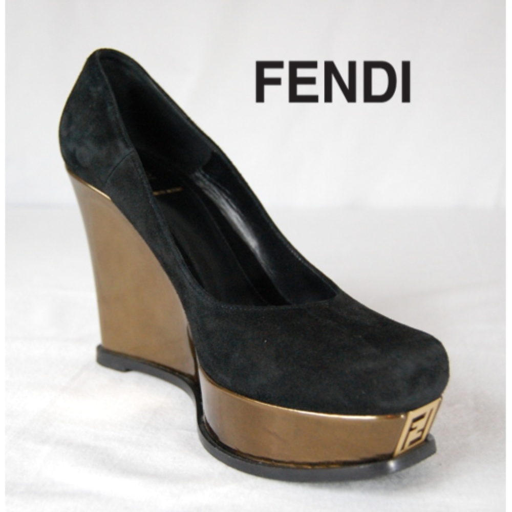 RARE: Fendi Suede Black & Gold Fendista Wedges