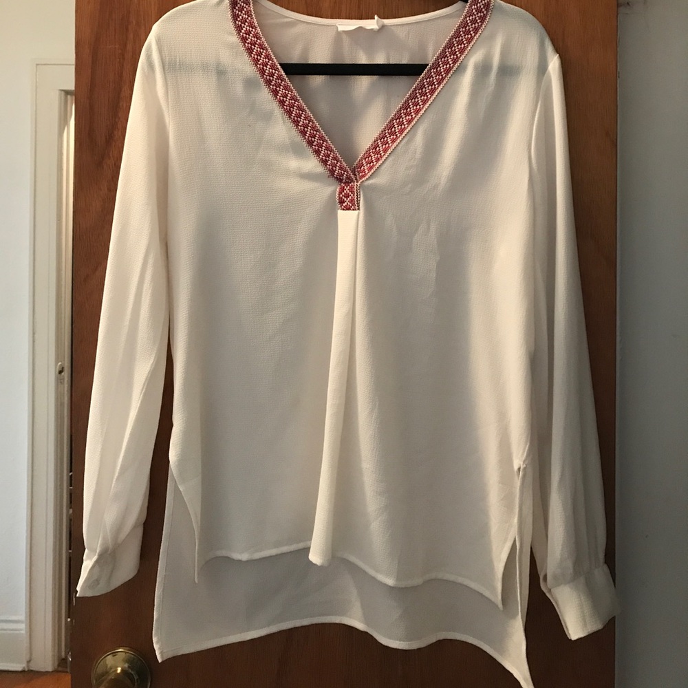 Lush Ivory Top with red embroidered V-Neck Detail