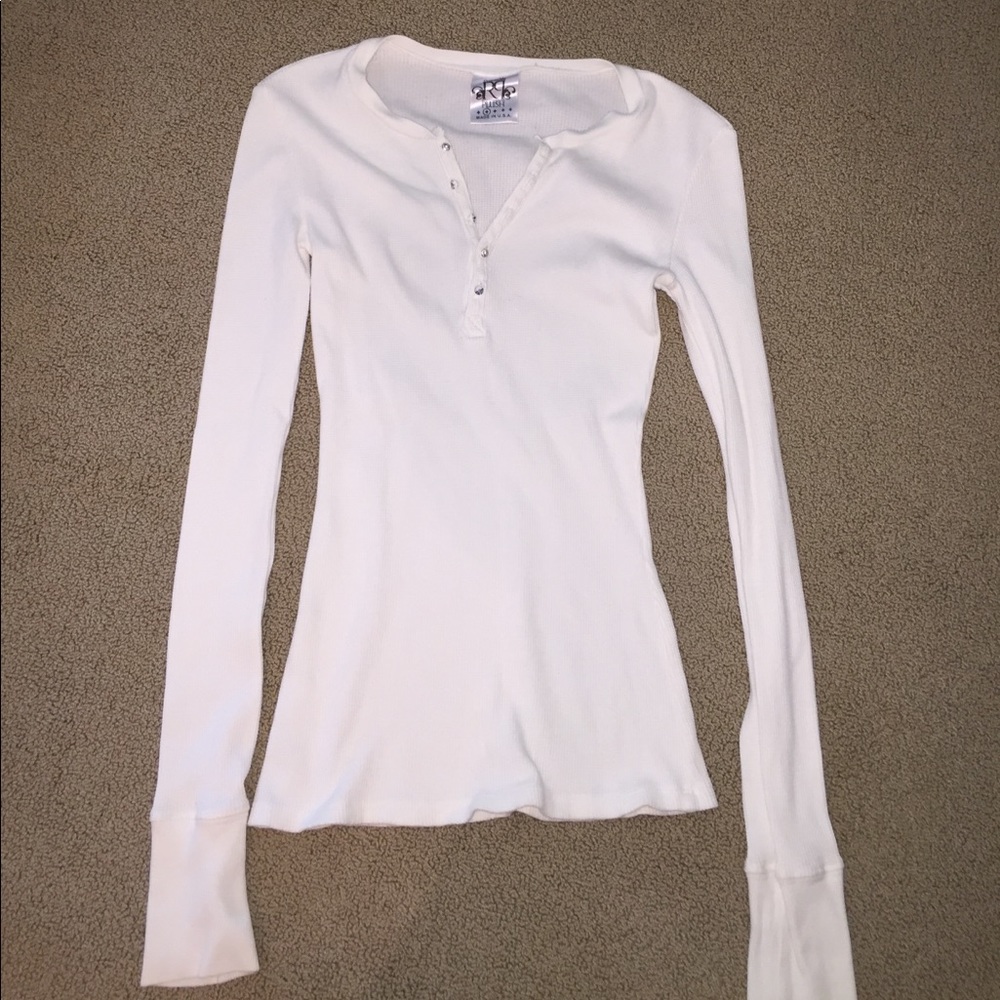 Long Sleeve Waffle Shirt with Rhinestone Buttons