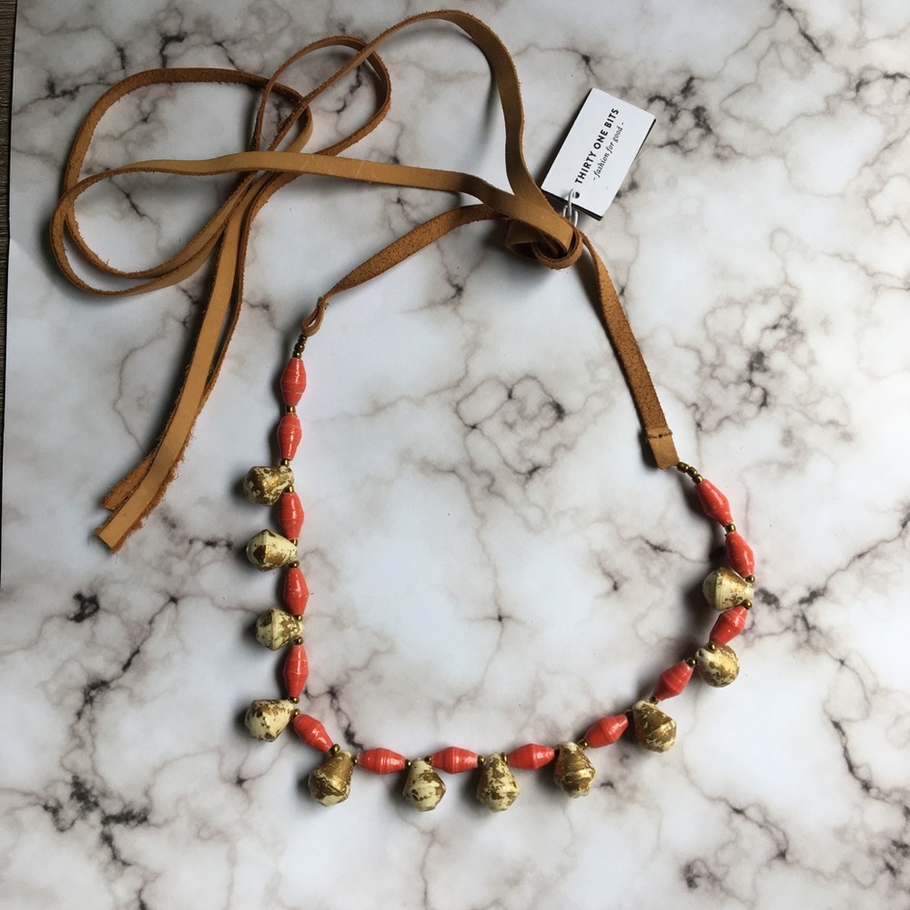 31 Bits | Gold and Orange Beaded Necklace Tied