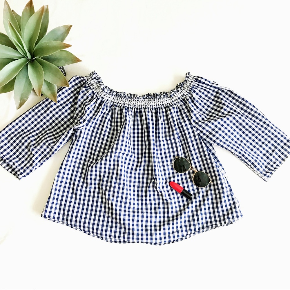 Madewell off-shoulder white navy plaid top