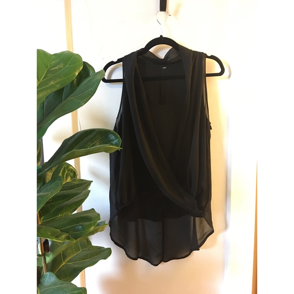 Black draped-neck Hi-Lo sleeveless blouse