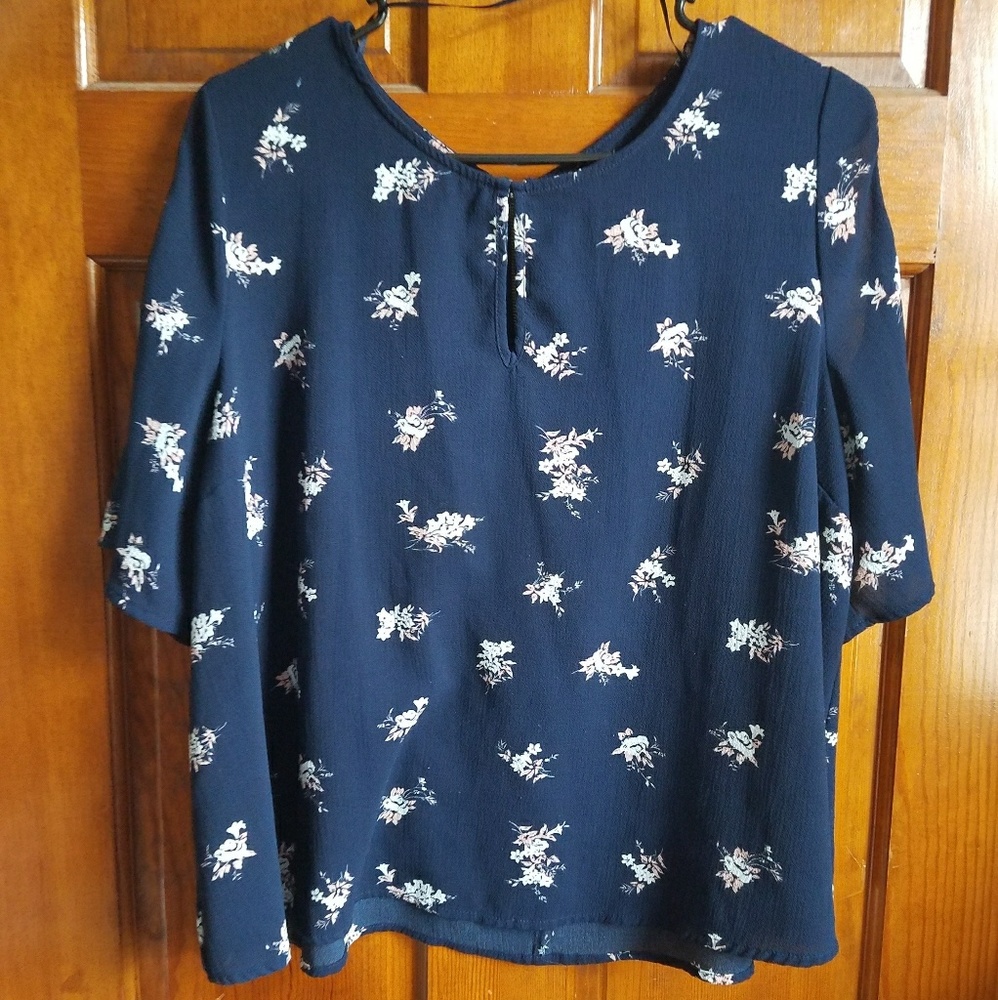 Dark Blue Flower Print Blouse
