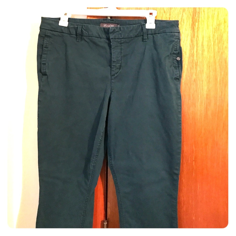 Forest green skinny khakis.