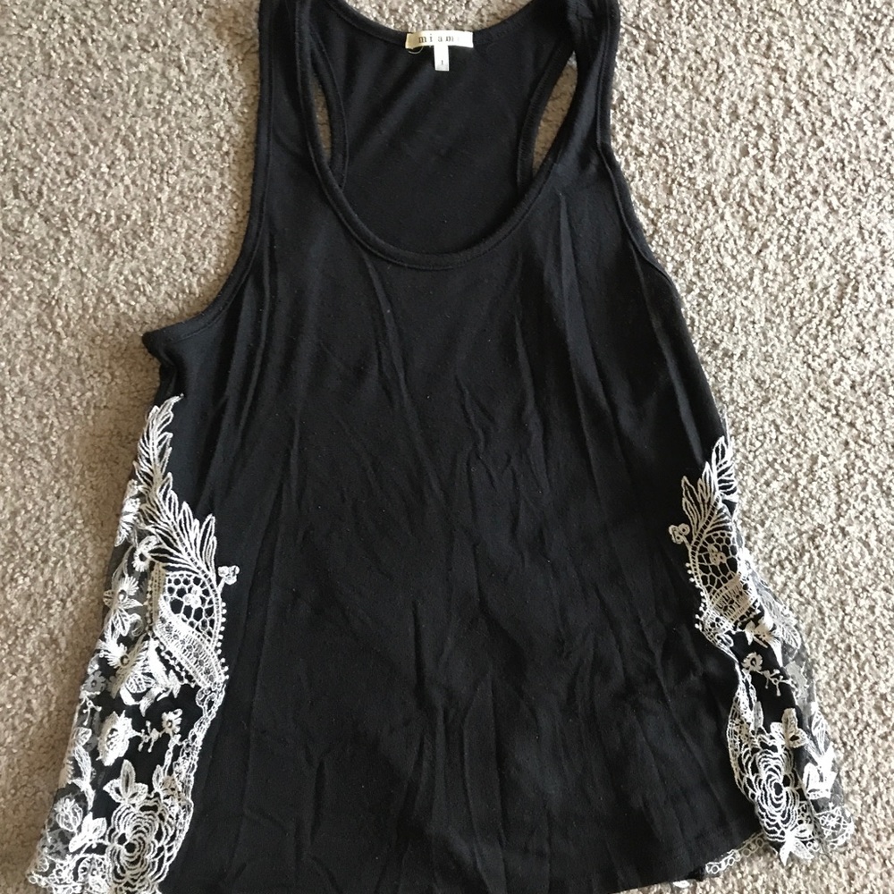Black racerback tank top with crochet accents