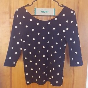 NWOT 3/4 Sleeve Scoop Back Navy Polka Dot Top