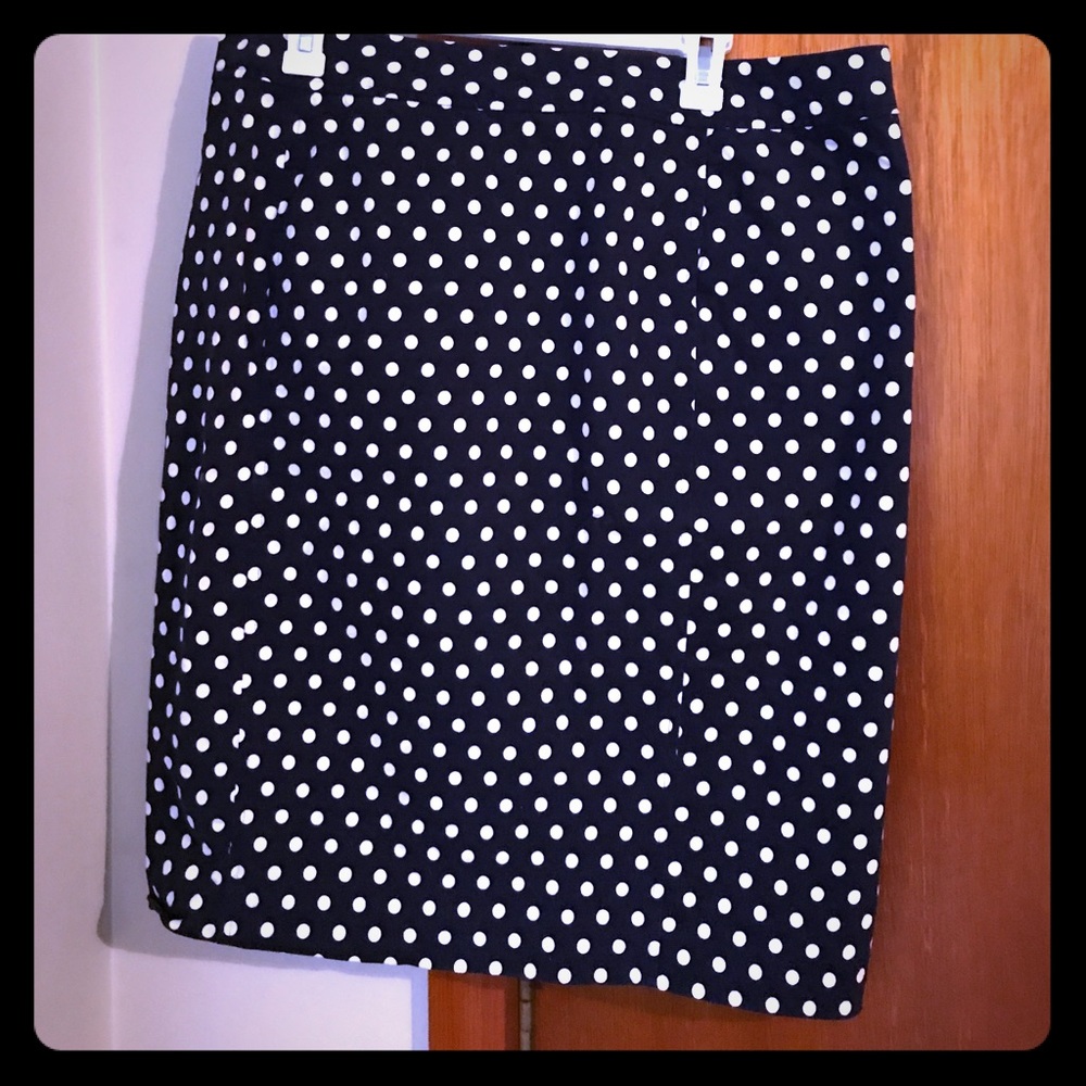 Navy blue and white polka dot pencil skirt