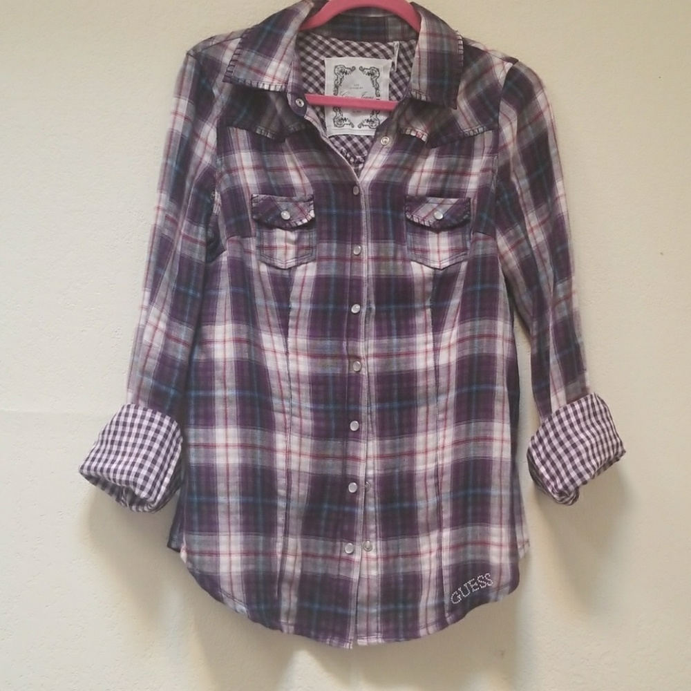 Cute Guess purple plaid and gingham button up