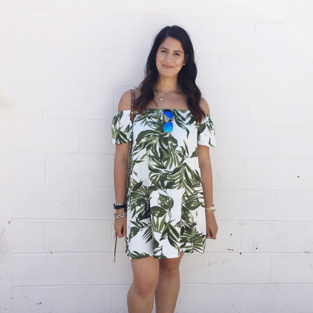 ASOS Off The Shoulder Palm Print Dress - Picture 2 of 2