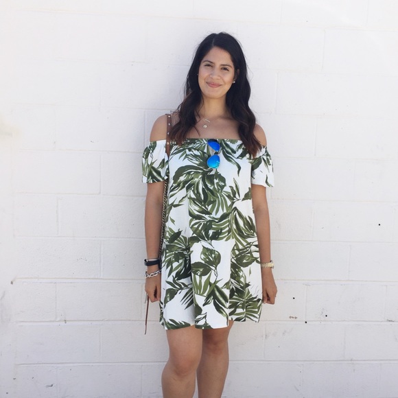 ASOS Off The Shoulder Palm Print Dress - Picture 2 of 2