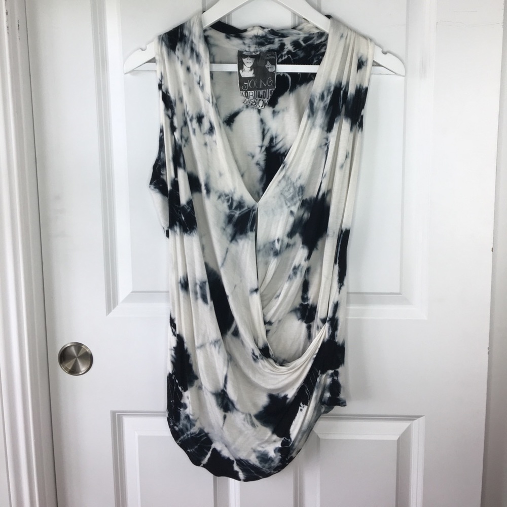 Young Fabulous & Broke Tie Dye Draped Cowl Neck Top – Size M | Blue & White