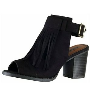 Women's peep toe fringe chunky heel