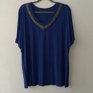 Women's blue sparkle neck flowy shirt