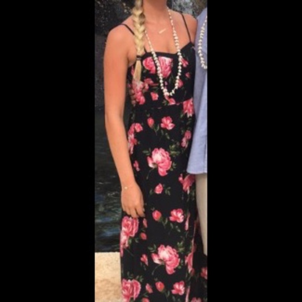 Long black dress with pink flowers