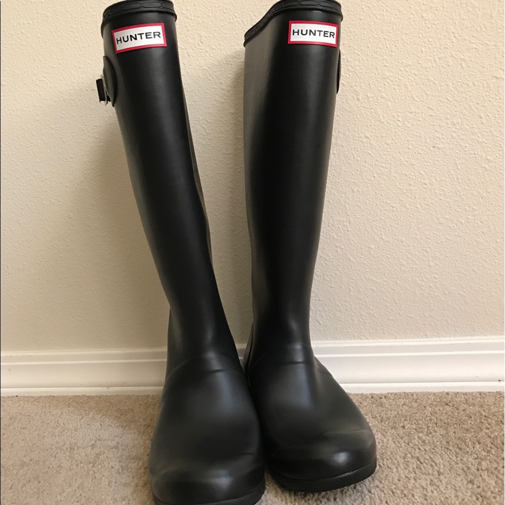 Hunter rain boots.