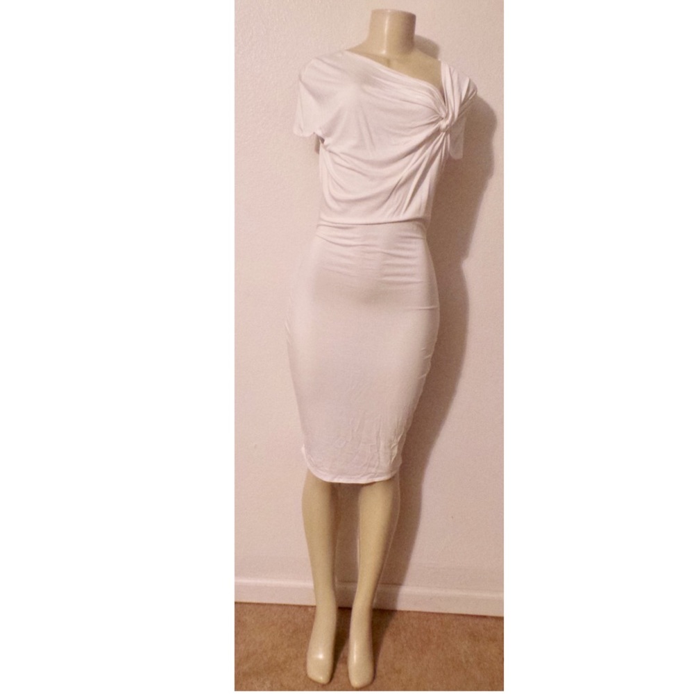 Shoulder Twist Midi Dress in White