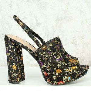 Floral Peep Toe Slingback Chunky Heels
