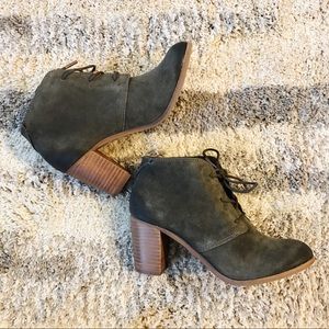 TOMS NEW Lunata Lace-up Heeled Bootie Olive Suede