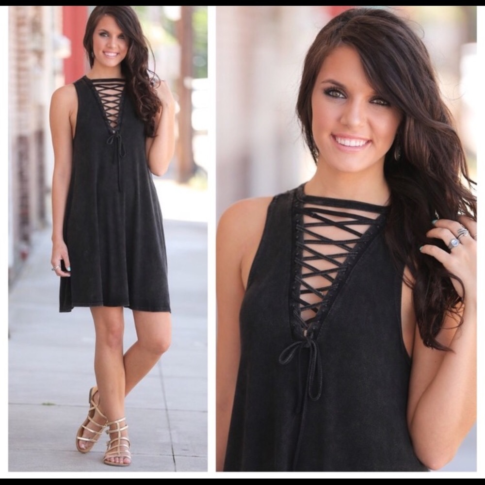 Charcoal boho lace up swing dress