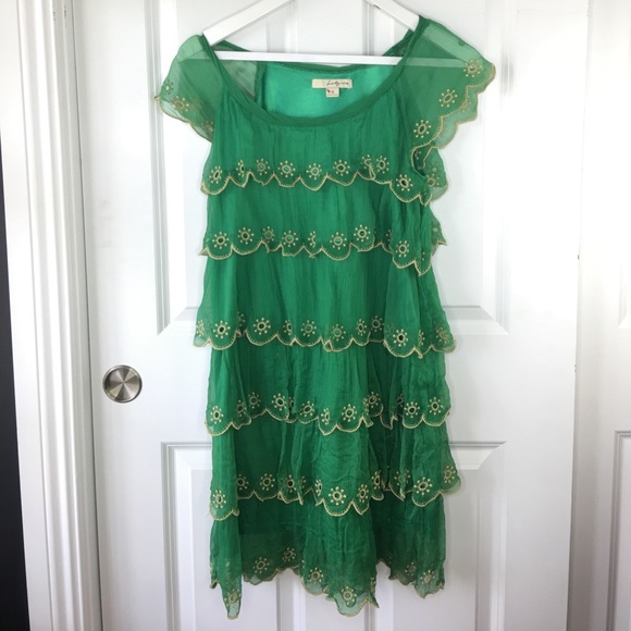 GREEN RUFFLE SILK DRESS 💚 - Picture 1 of 6