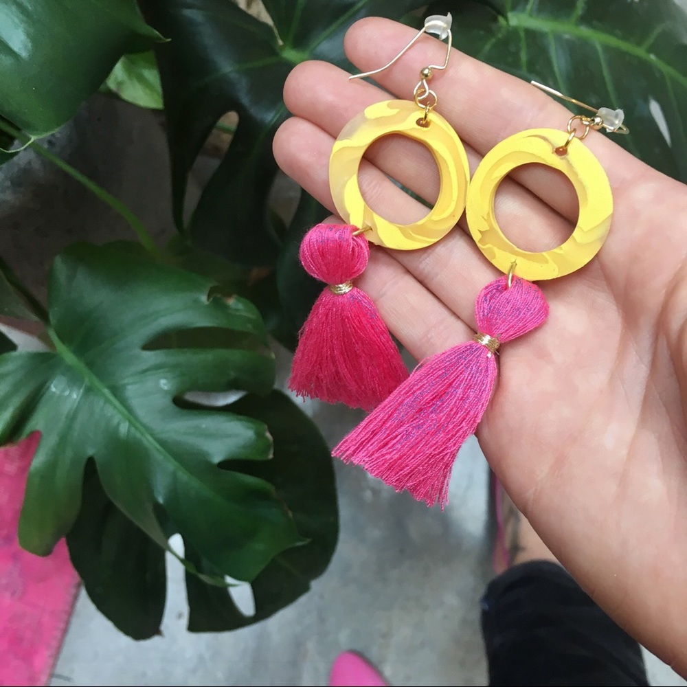Handmade Yellow Marbled earrings with Pink Tassel