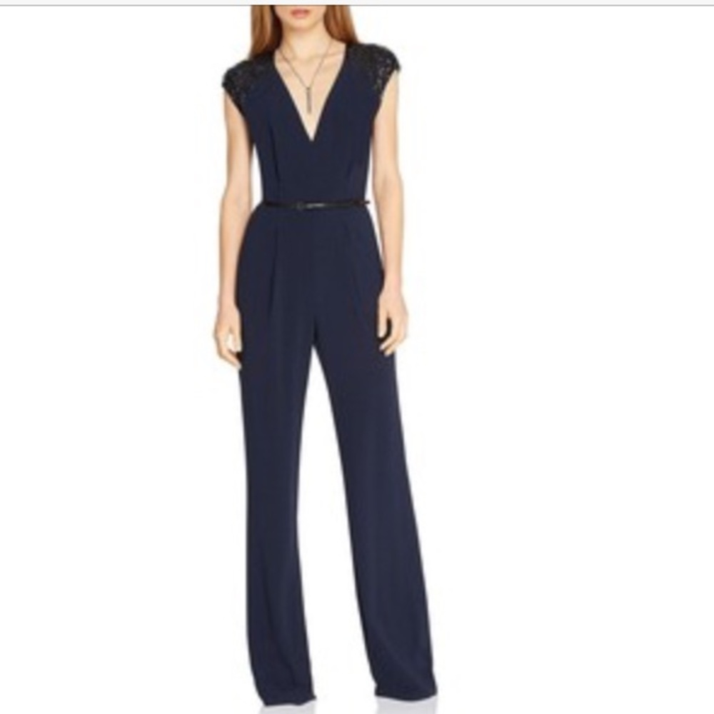 Halston Heritage Blue Embellished Crepe Jumpsuit
