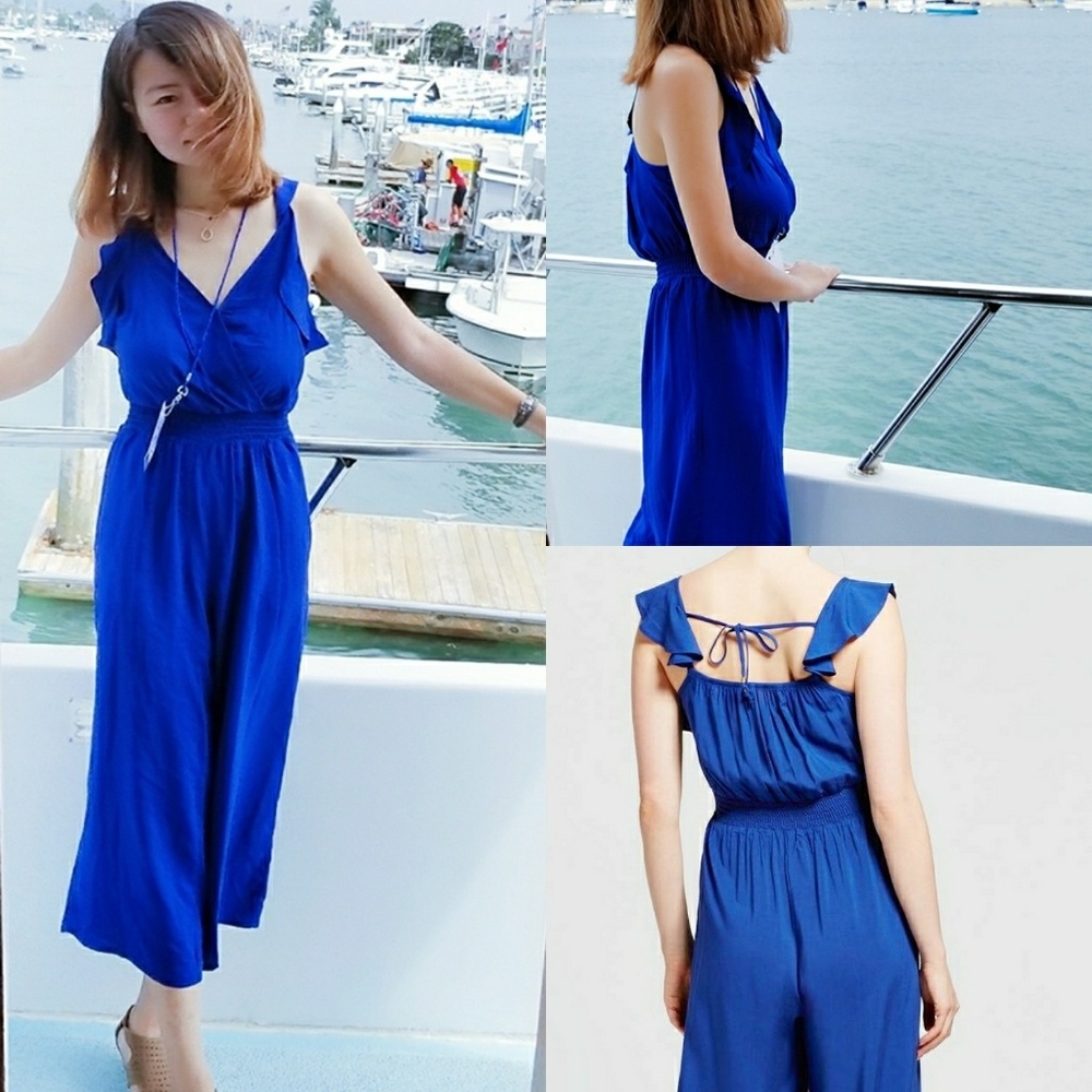 Royal Blue Ruffle Tie Back Crop Jumpsuit