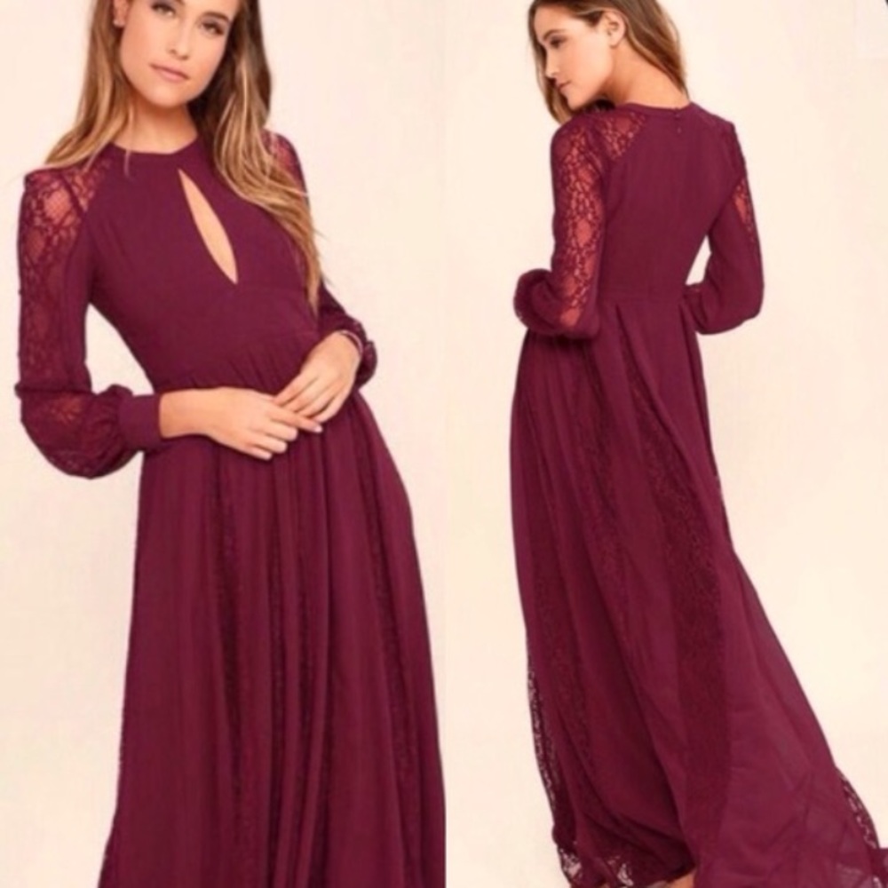 Burgundy Lace Long Sleeve Maxi Dress by Lulu's