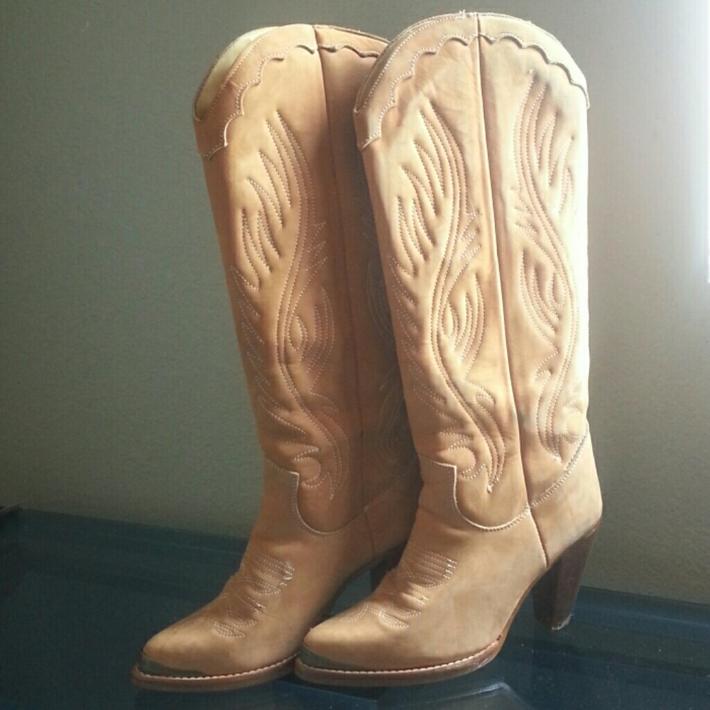 Zodiac suede tan cowboy boots with stacked heel