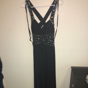 Black floor length beaded prom dress