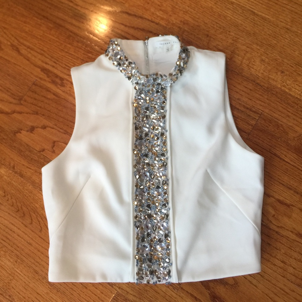 Embellished white top, exposed silver zipper