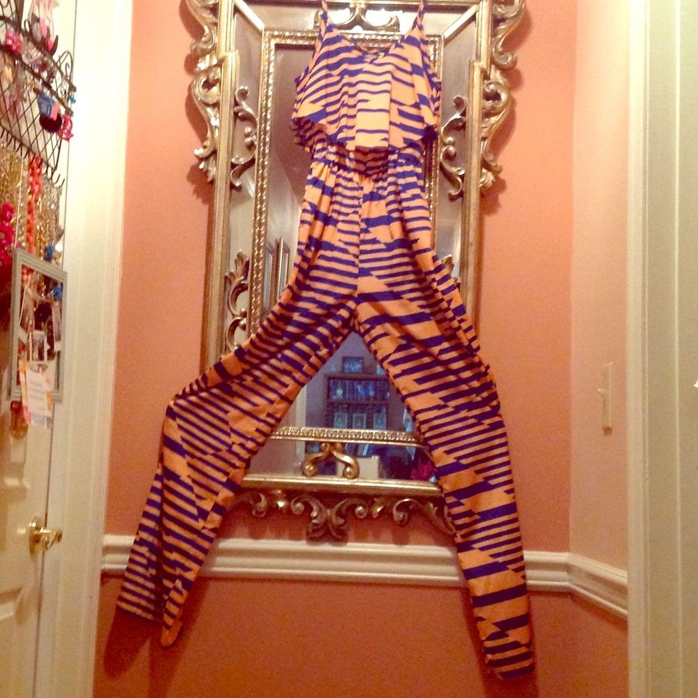 XS Peach and Blue Spaghetti Strap Jumpsuit - Picture 4 of 4