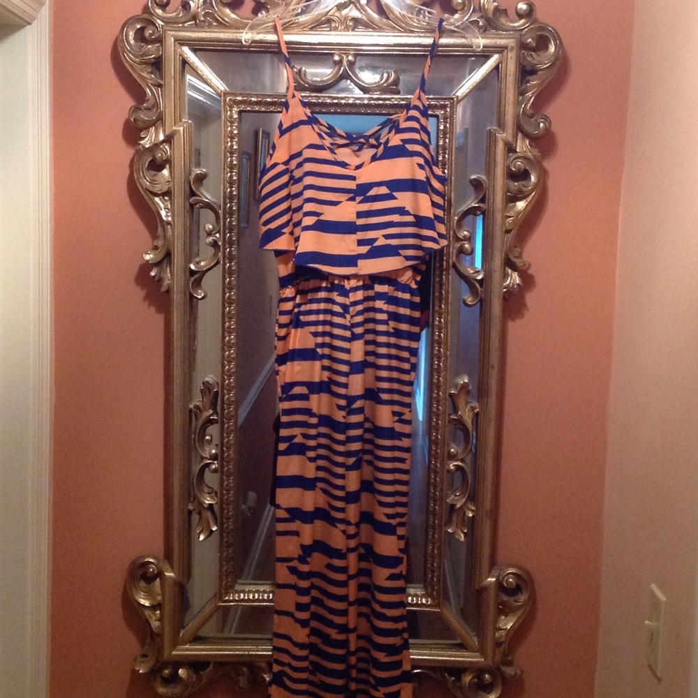 XS Peach and Blue Spaghetti Strap Jumpsuit - Picture 3 of 4