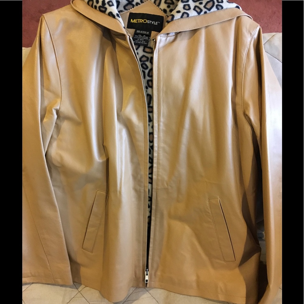 Metro Style Tan Leather Hooded Jacket