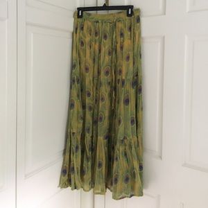 Yellow bohemian flowing peacock print maxi skirt