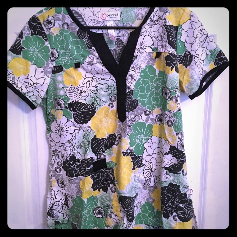 Red and green floral scrub top by Peaches