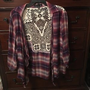 Plaid Flannel Over Shirt With Lace Back
