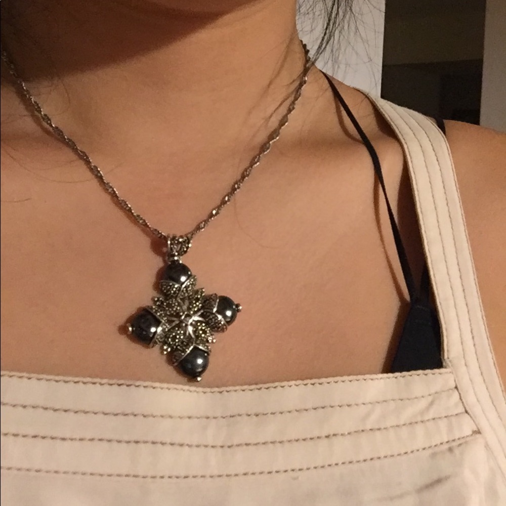 Sterling Silver Onyx Obsidian Cross Pendant