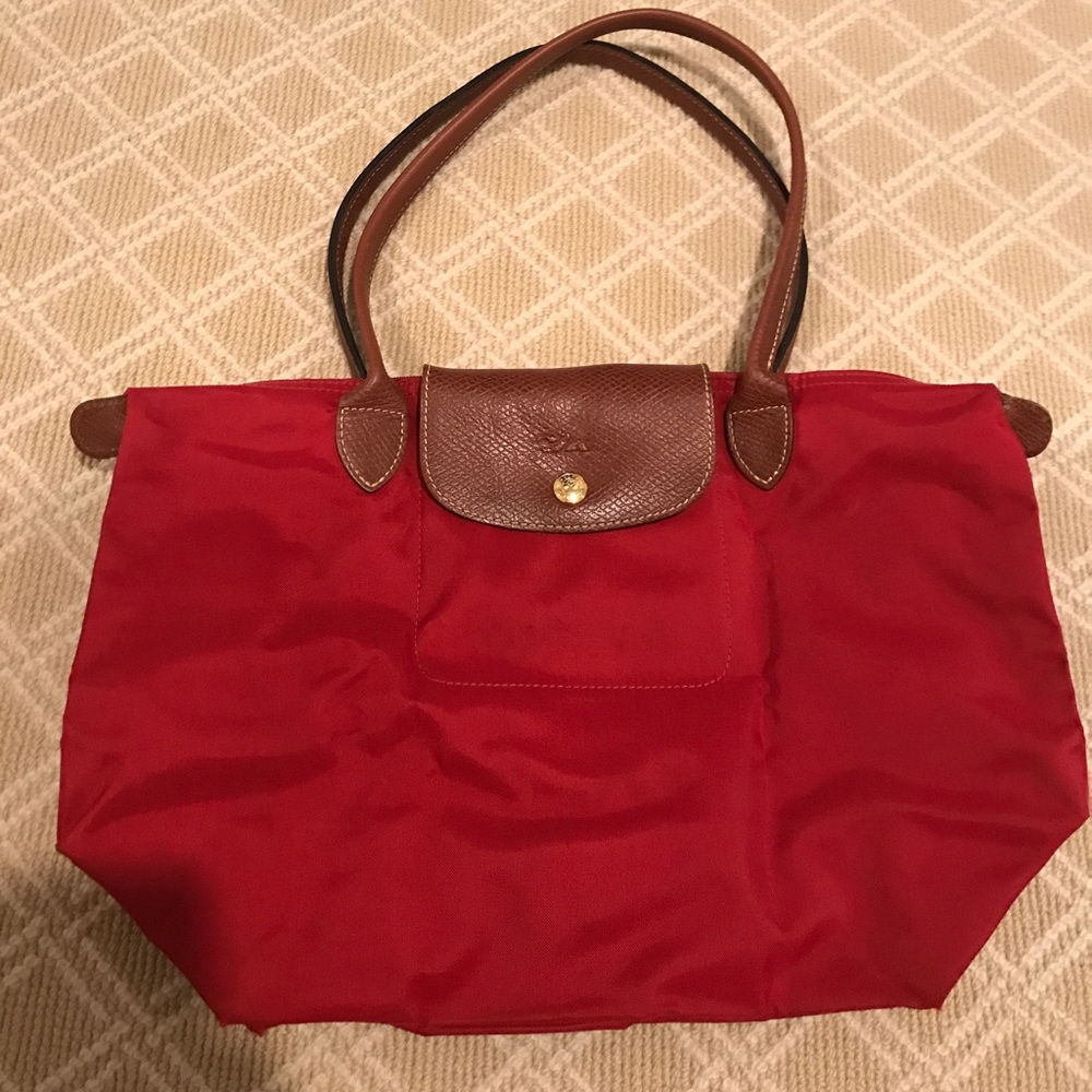 Red Small Longchamp Le Pliage Long Handle Bag