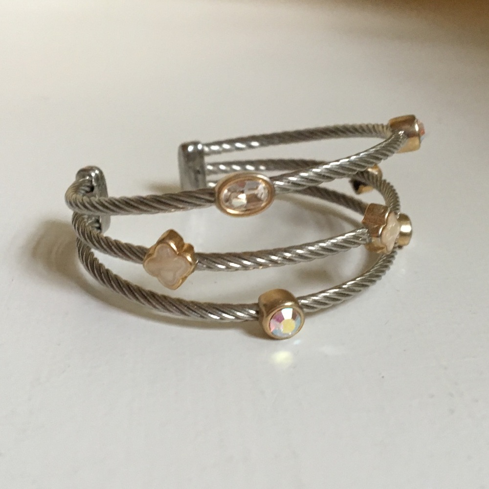 Silver Three Band Pearl + Crystal Bracelet
