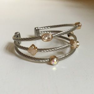 Silver Three Band Pearl + Crystal Bracelet