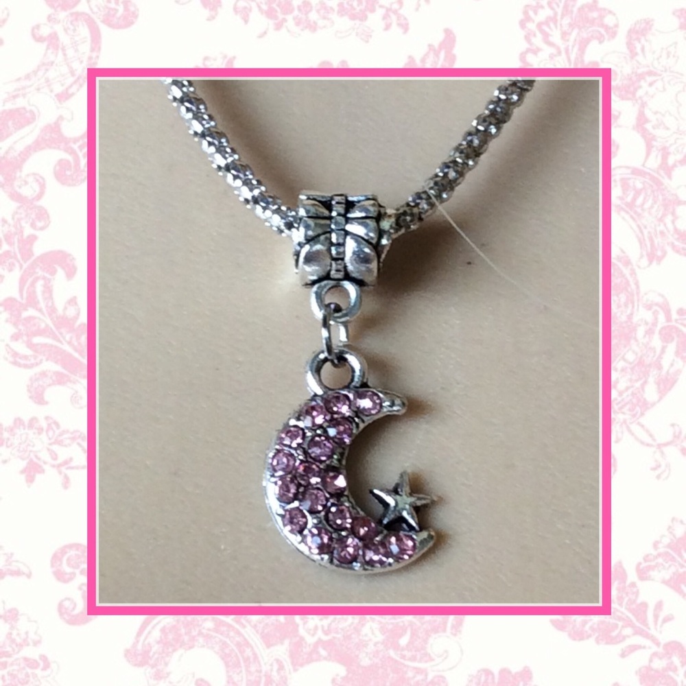 🌸 MOON STAR BLING BOHO DIAMOND PINK CHARM NECKLACE RHINESTONE SPARKLE GYPSY