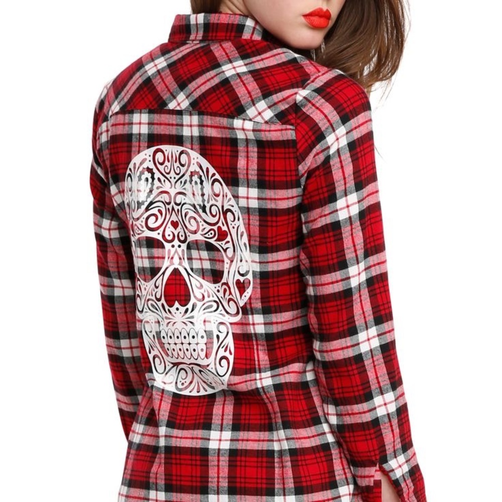 Red plaid sugar skull girls woven top 💀